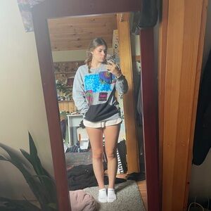 Size Small Grey Crewneck, Hand Painted and Sewn, Patchwork, Has Hoodie Pocket